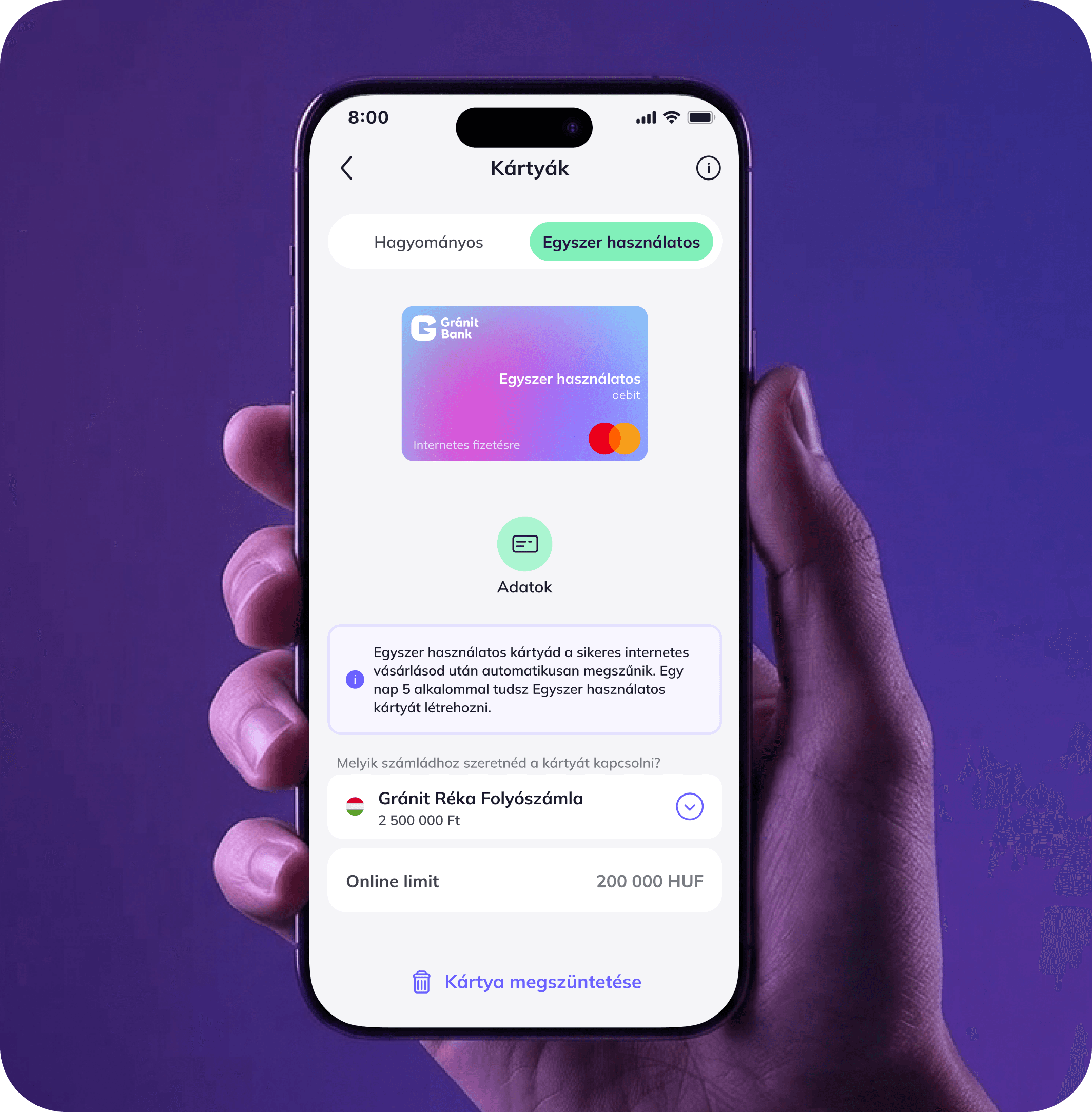 Gránit alkalmazás: Egyszerhasználatos kártya.