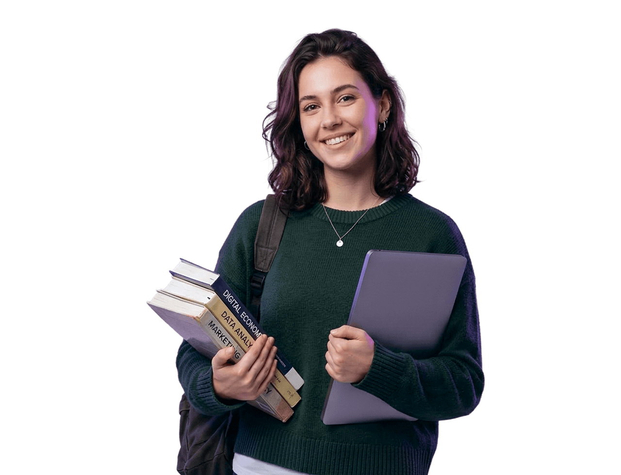 Fiatal nő könyvekkel és laptoppal.