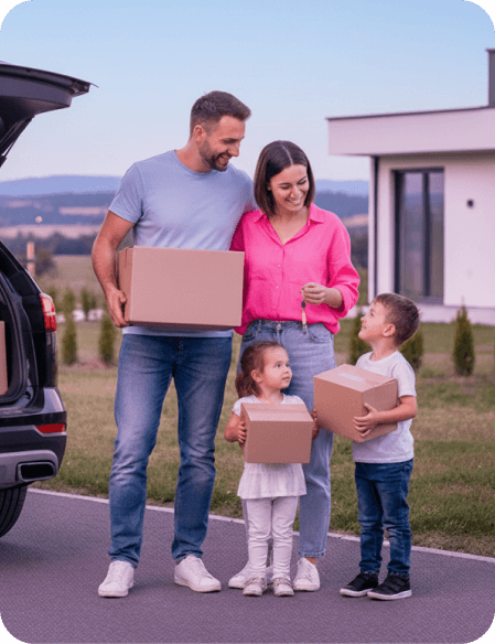Család dobozokat pakol az autóba.