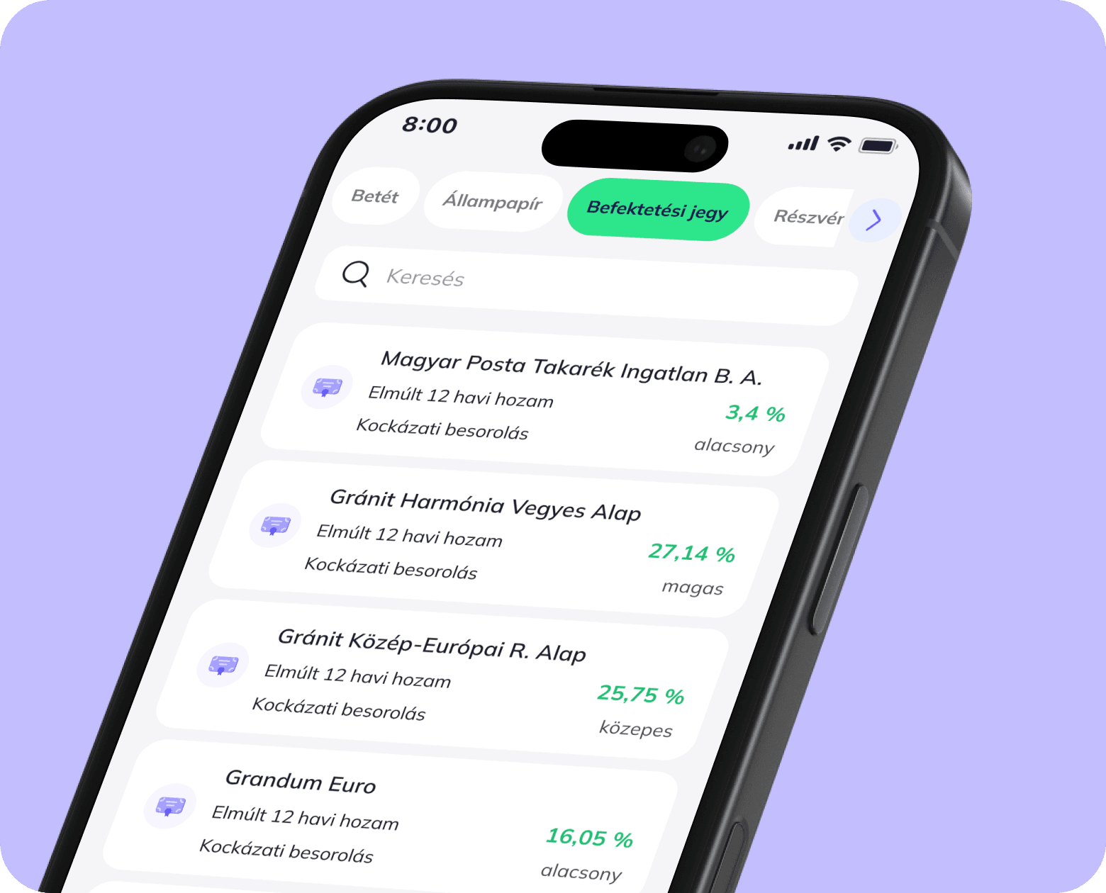 Gránit applikációnak a befektetési jegy felülete.